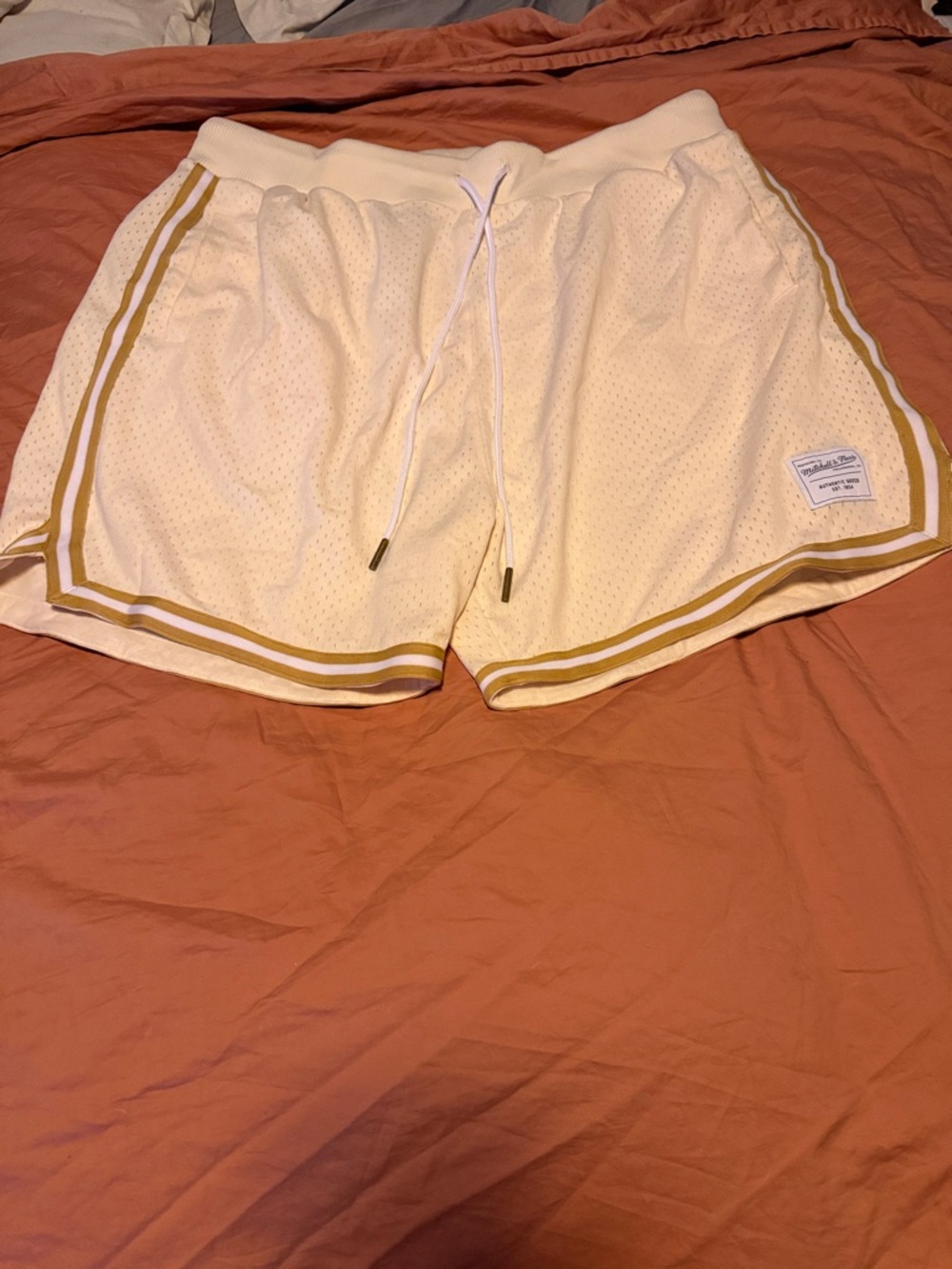 Mitchell & Ness Cream Athletic Mesh Shorts with Gold Trim